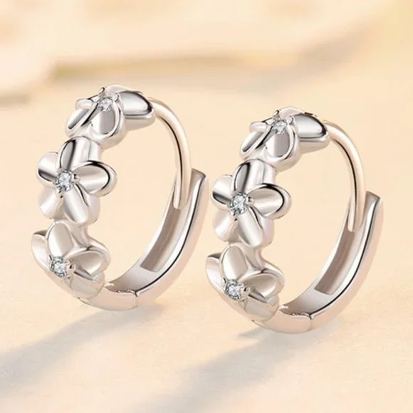 925 Sterling Silver Flower Huggie Hoop Earrings Small Silver Earrings - Picture 3 of 4